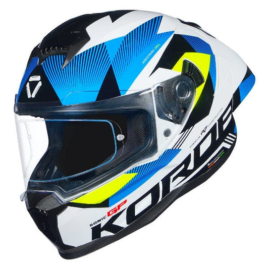 Korda Sonic GP Brave Helmet (Gloss White Blue & Fluorescent Yellow)