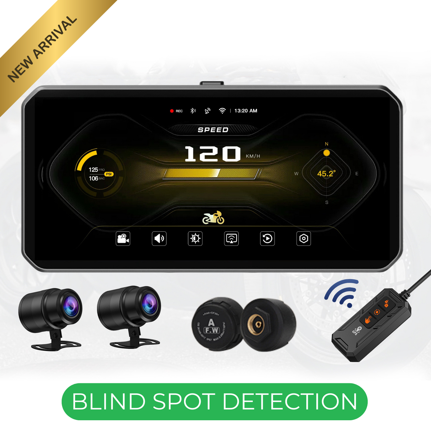 LBC Moto-Universal E3 Elite 6.25-inch Motorcycle Navigation System with CarPlay, 2K HD Screen, DVR, TPMS, and Blind Spot Detection