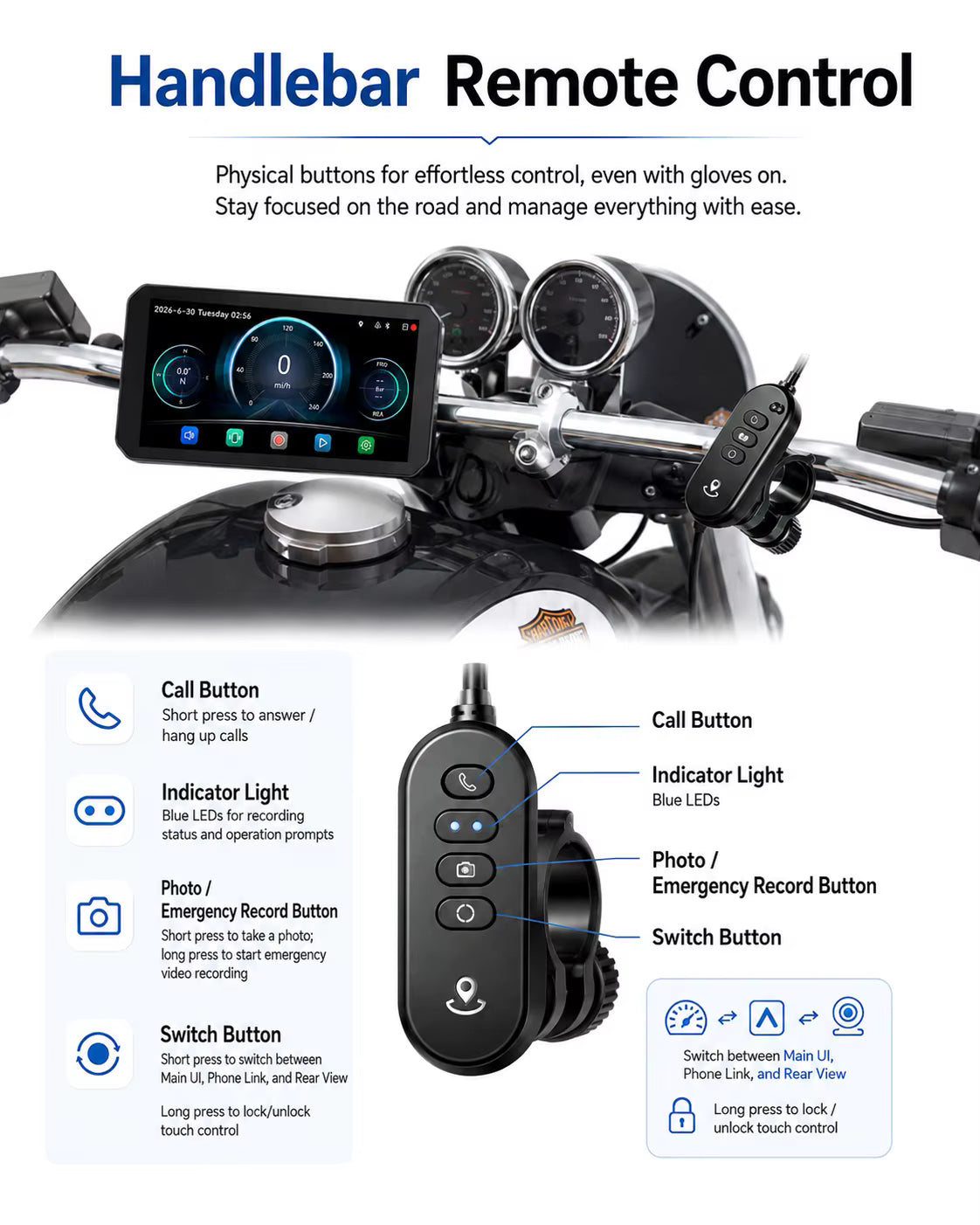 LBC Moto B3 Elite Motorcycle Navigation Screen with Dash Cam & Blind Spot Detection