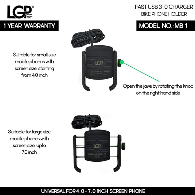LGP Mb1 Jaw-grip Waterproof Bike/Motorcycle/Scooter Mobile Phone Holder Mount With Fast Usb 3.0 Charger, Ideal For Maps And Gps Navigation (Black)-M8-LGP02