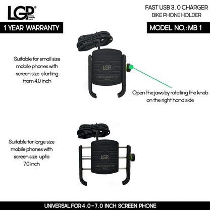 LGP Mb1 Jaw-grip Waterproof Bike/Motorcycle/Scooter Mobile Phone Holder Mount With Fast Usb 3.0 Charger, Ideal For Maps And Gps Navigation (Black)-M8-LGP02