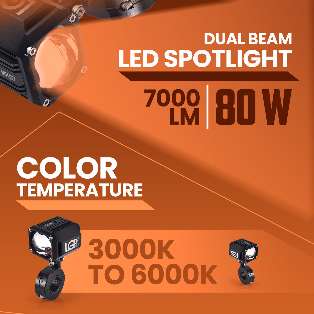 LGP Spotlight MK07 Dual Beam Motorcycle Light, 80W 7000LM