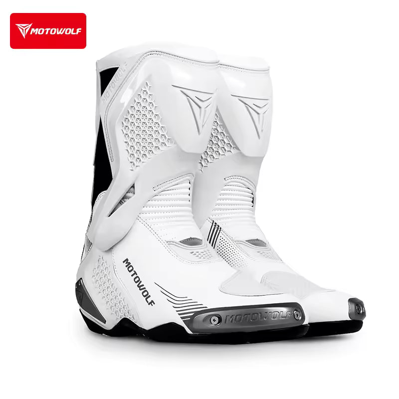 MotoWolf B01 Racing Motorcycle Riding Boots - White