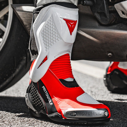 MotoWolf B01 Racing Motorcycle Riding Boots - White Red
