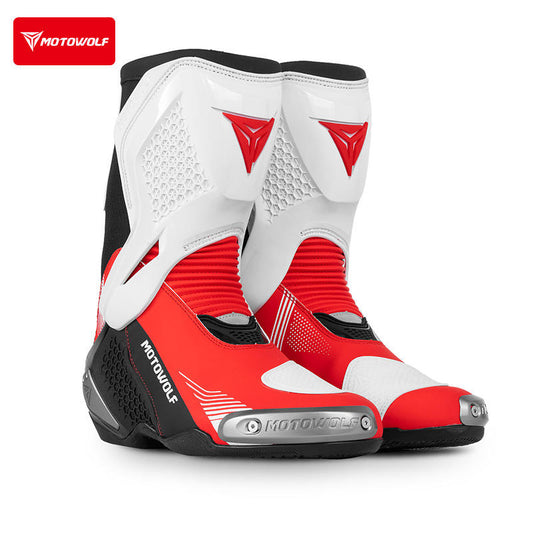 MotoWolf B01 Racing Motorcycle Riding Boots - White Red