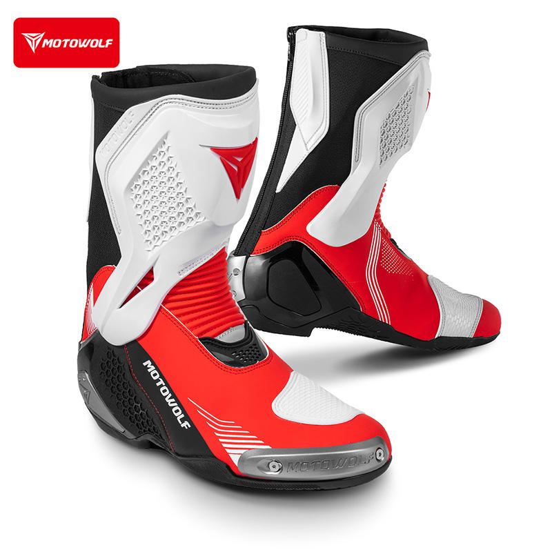 MotoWolf B01 Racing Motorcycle Riding Boots - White Red