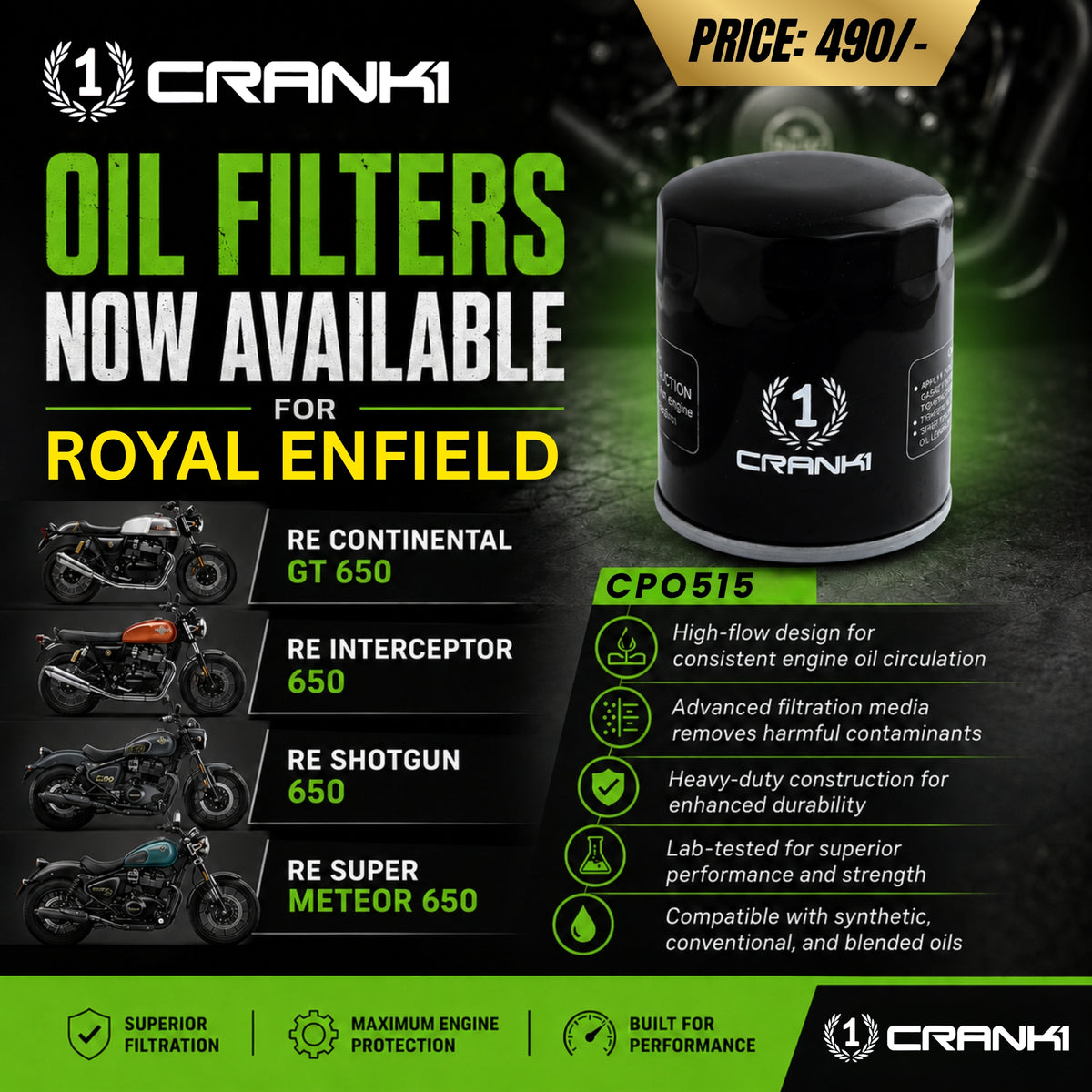 Oil Filter For Royal Enfield Bear 650 (2024 Onwards) - CPO515 - CRANK1