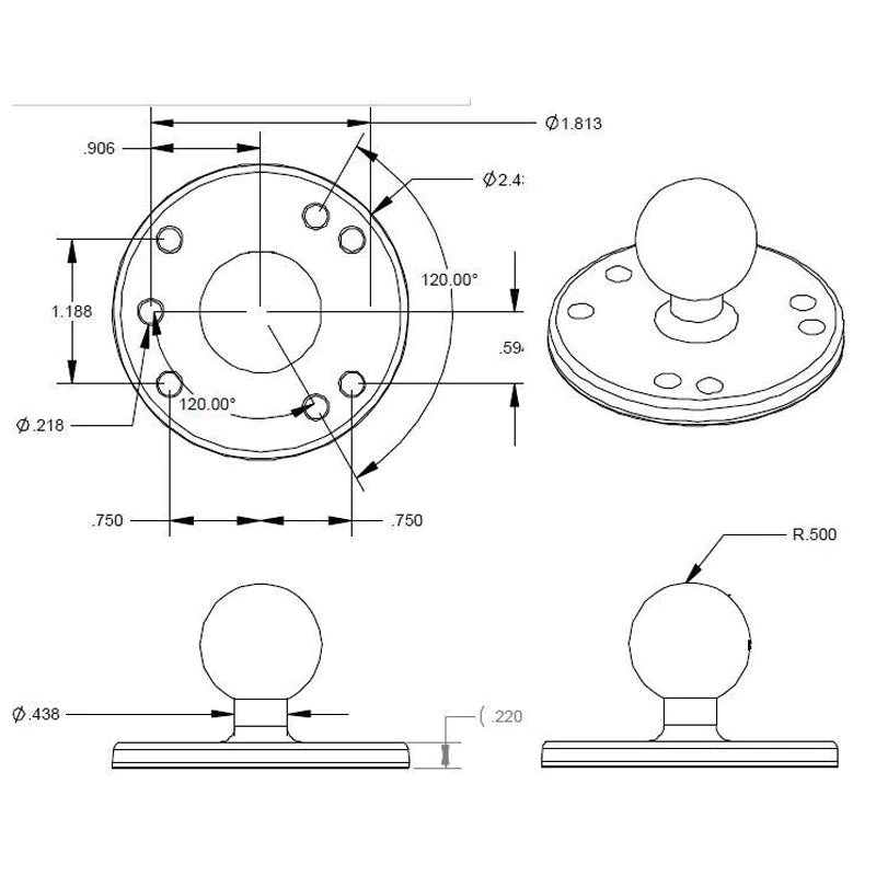 RAM BASE - ROUND PLATE 63.5MM (2.5") B BALL