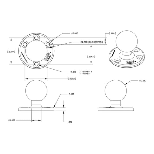 RAM BASE - ROUND PLATE 93.4MM (3.68") D BALL