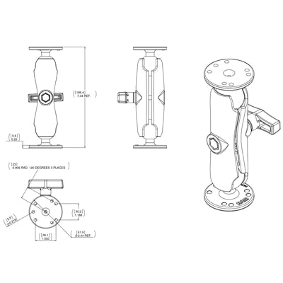 RAM C SIZE 38MM (1.5") BALL MOUNT WITH 50.8MM 2/2.5" PLATE (AMPS HOLE)