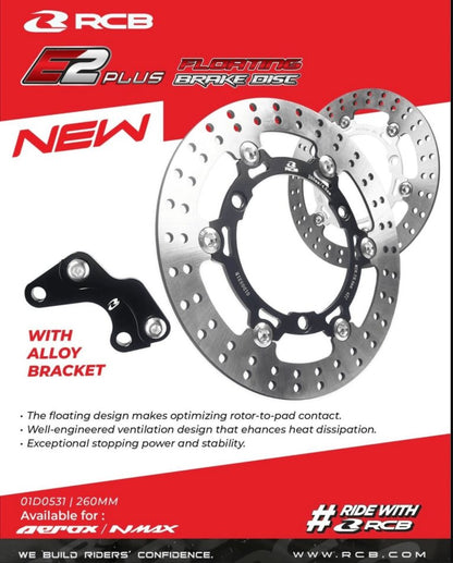 RCB Steel Floating Brake Disc E2+ Series Aerox 260MM - Black (with Bracket). 01D0531B