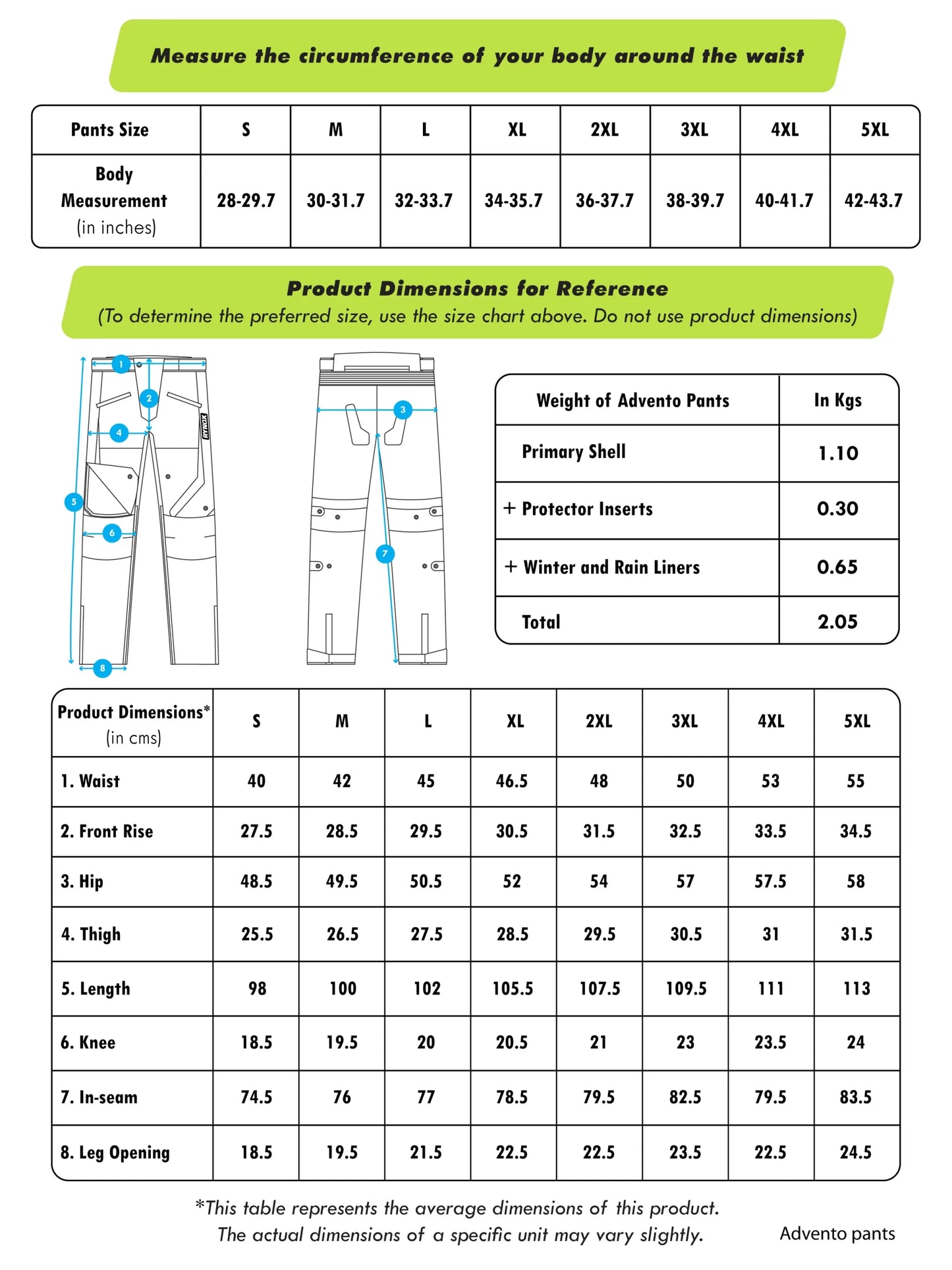 RYNOX ADVENTO PANTS SIZE CHART
