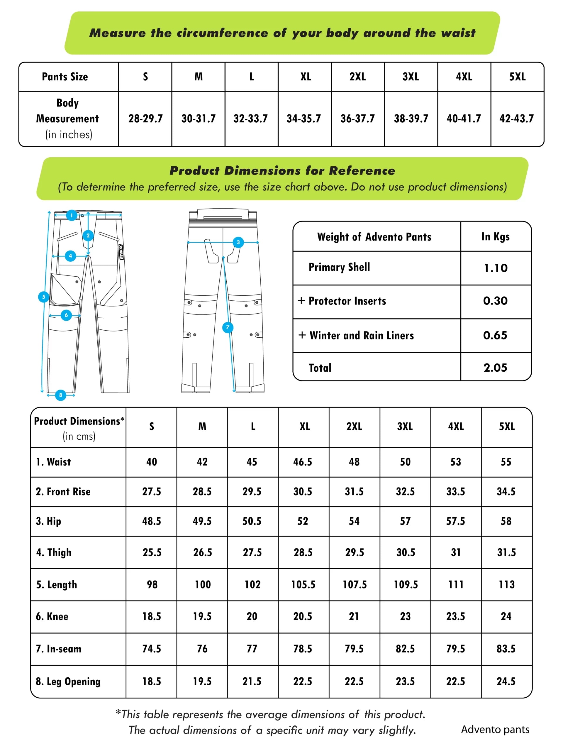RYNOX ADVENTO PANTS SIZE CHART