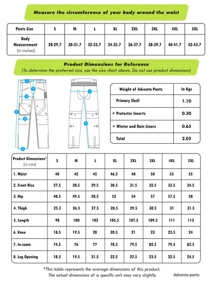 RYNOX ADVENTO PANTS SIZE CHART