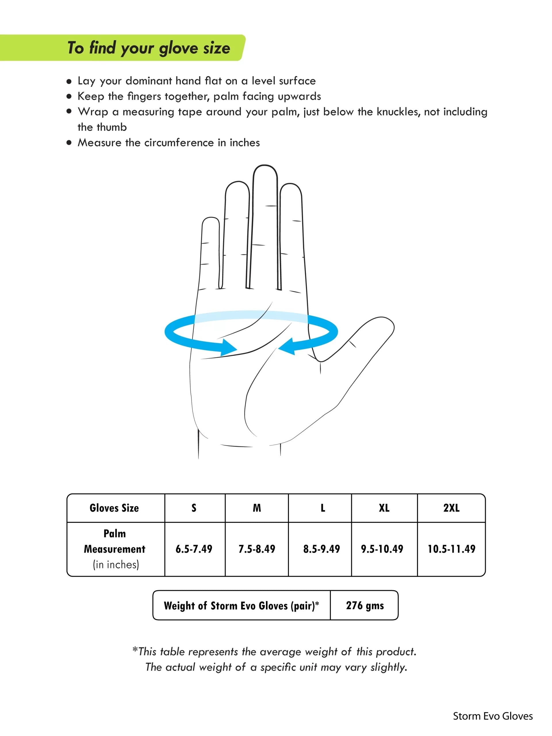 RYNOX STORM EVO 2 GLOVES SIZE CHART