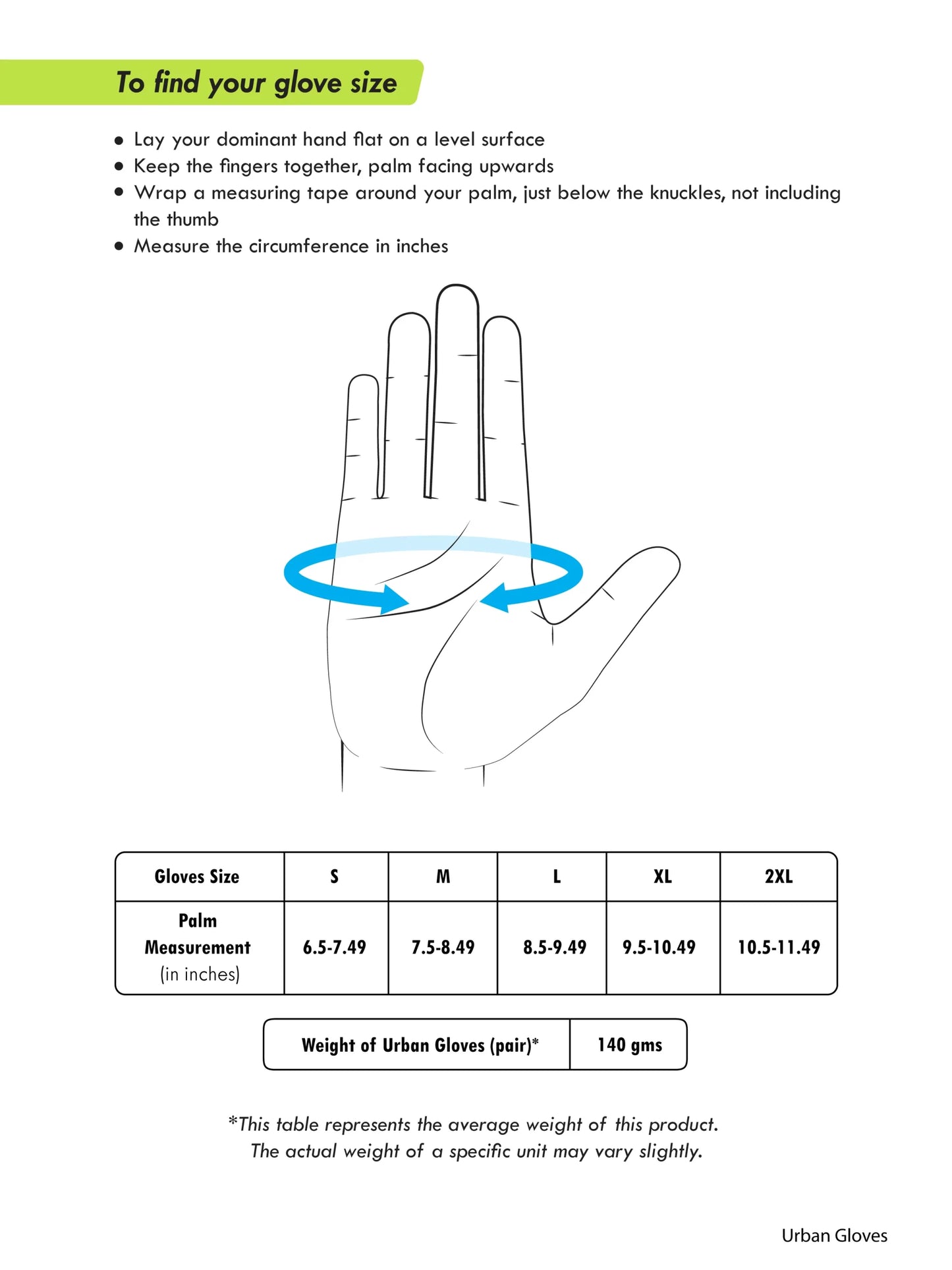 RYNOX URBAN GLOVES SIZE CHART