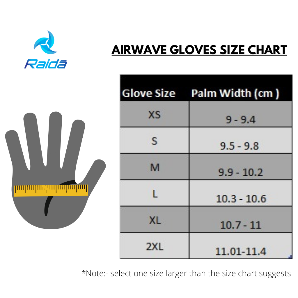 Raida Air Ware Motorcycle Gloves Black White size chart