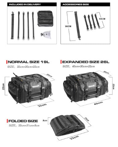 Rhinowalk 19-26L Deluxe Cruiser Tail Bag Motorcycle Tail Trunk Luggage Motorbike Large Capacity Touring Pack for Adventure (MT4026)
