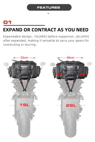 Rhinowalk 19-26L Deluxe Cruiser Tail Bag Motorcycle Tail Trunk Luggage Motorbike Large Capacity Touring Pack for Adventure (MT4026)