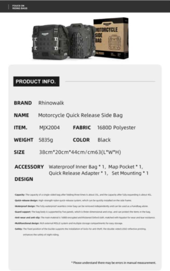 Rhinowalk 35L Motorcycle Quick Release Side Pannier Bag - MJX2004