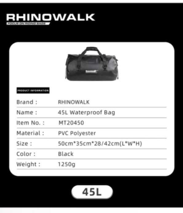 Rhinowalk 45L Waterproof Motorcycle Duffle Bag Heavy Duty Motorcycle Dry Tail Tool Bag for Adventure Bike (MT20450)