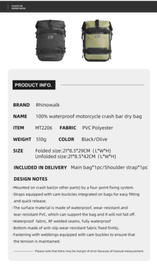 Rhinowalk Crash Bar Dry Bags Waterproof Motorcycle Bag for Crash Bar Motorbike Bumper Bag for Tail Side Seat Motorcycle Pack (Black) (MT2206)