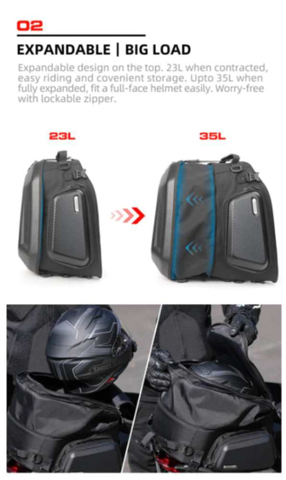 Rhinowalk Hard Shell Tail Bag for Expandable 23L-35L Motorcycle Saddle Tail Seat Bags for Motorbike Luggage Accessory (MT2335) - Carbon Black