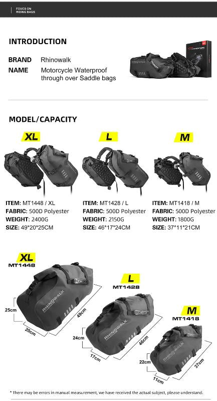 Rhinowalk 18L Rack less Pannier Saddle Soft Bags for Motorcycle Bike Outdoor Adventure Waterproof Side Motorbike Drypack (Pair-Set) (MT1418)