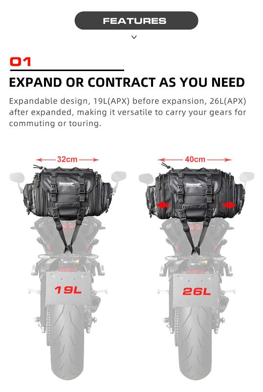 Rhinowalk 19-26L Deluxe Cruiser Tail Bag Motorcycle Tail Trunk Luggage Motorbike Large Capacity Touring Pack for Adventure (MT4026)