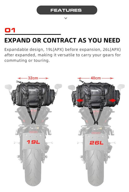 Rhinowalk 19-26L Deluxe Cruiser Tail Bag Motorcycle Tail Trunk Luggage Motorbike Large Capacity Touring Pack for Adventure (MT4026)
