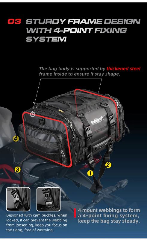 Rhinowalk 19-26L Deluxe Cruiser Tail Bag Motorcycle Tail Trunk Luggage Motorbike Large Capacity Touring Pack for Adventure (MT4026)