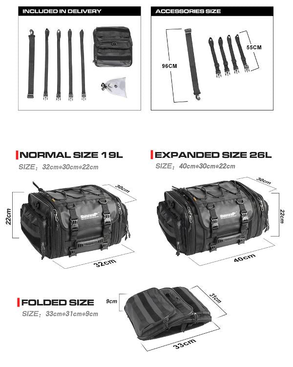 Rhinowalk 19-26L Deluxe Cruiser Tail Bag Motorcycle Tail Trunk Luggage Motorbike Large Capacity Touring Pack for Adventure (MT4026)