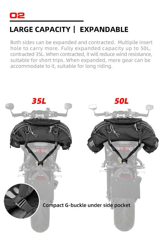 Rhinowalk 35-50L Rhinowalk Black Expandable Waterproof Motorcycle Rear Seat Tail Bag for Luggage Case Rack (MT3550)