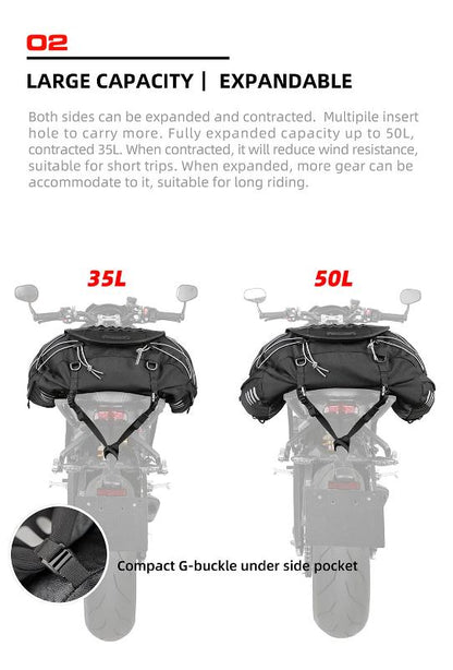 Rhinowalk 35-50L Rhinowalk Black Expandable Waterproof Motorcycle Rear Seat Tail Bag for Luggage Case Rack (MT3550)