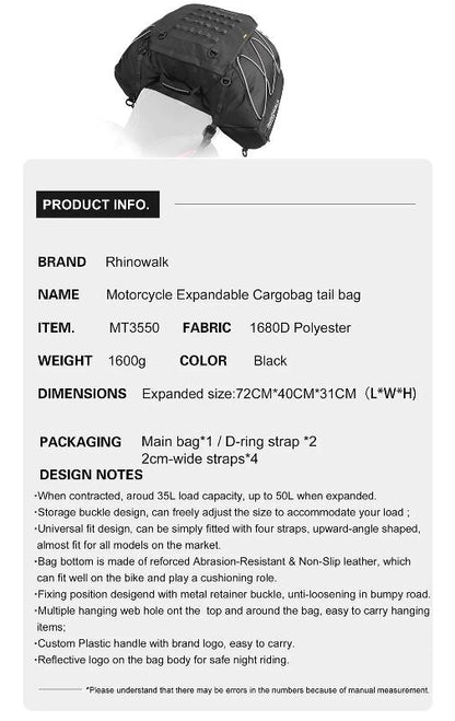 Rhinowalk 35-50L Rhinowalk Black Expandable Waterproof Motorcycle Rear Seat Tail Bag for Luggage Case Rack (MT3550)