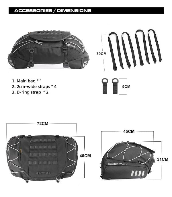 Rhinowalk 35-50L Rhinowalk Black Expandable Waterproof Motorcycle Rear Seat Tail Bag for Luggage Case Rack (MT3550)