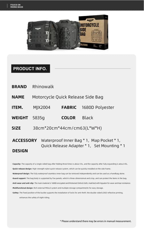 Rhinowalk 35L Motorcycle Quick Release Side Pannier Bag - MJX2004