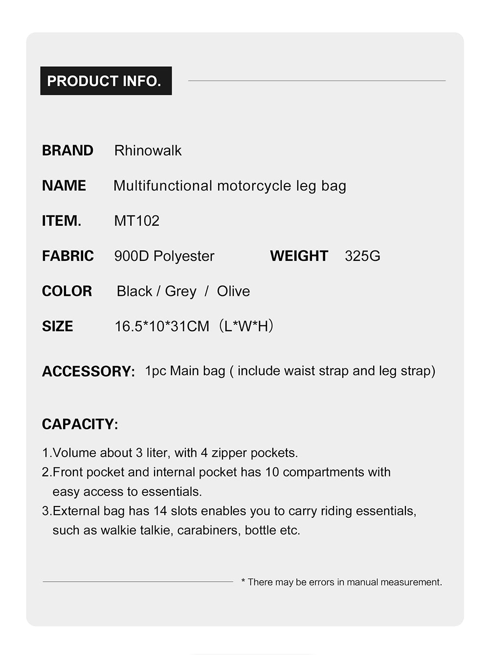 Rhinowalk MT102 Multi-Way Motorcycle Tactical Drop Leg Bag - MT102BK