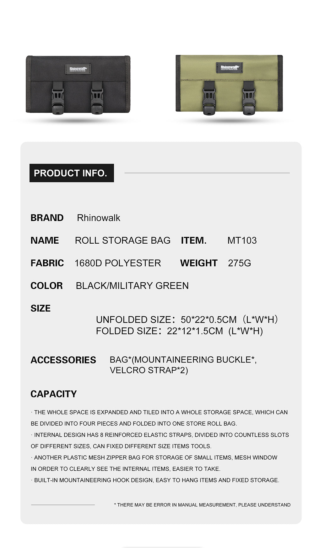 Rhinowalk MT103 Motorcycle Tool Roll Bag – Black (MT103BK)