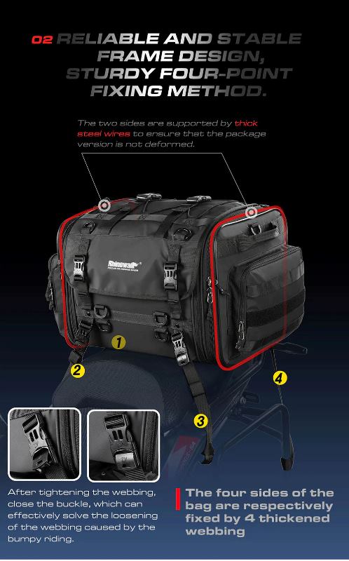 Rhinowalk Motorcycle Tail Bag Motorbike Rear Seat Bag 40-60 liter Large Capacity Motopack Bag (MT4060)