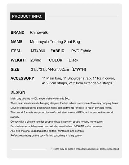 Rhinowalk Motorcycle Tail Bag Motorbike Rear Seat Bag 40-60 liter Large Capacity Motopack Bag (MT4060)