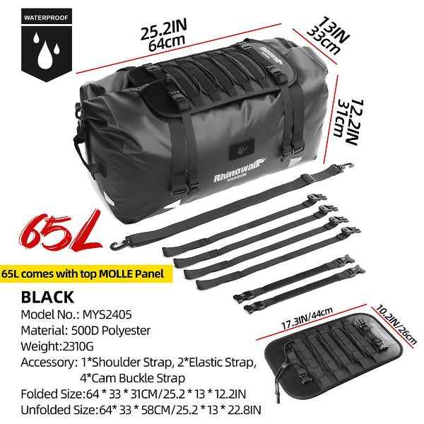 Rhinowalk Warrior Series X 65L Waterproof Motorcycle Roll-Top Duffle Bag Heavy Duty Dry Pack Tail Rear Luggage for Adventure (MYS2405)