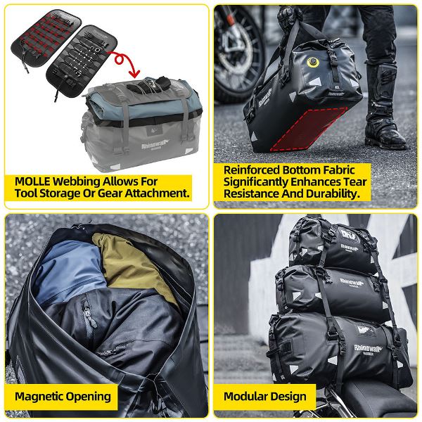 Rhinowalk Waterproof Motorcycle Roll-Top Duffel Gear Bag 40L Heavy Duty Dry Pack Tail Rear Luggage Magnetic Opening