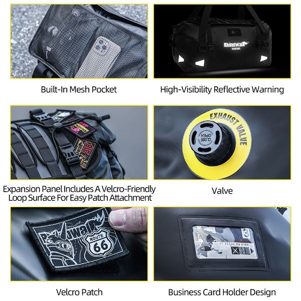 Rhinowalk Waterproof Motorcycle Roll-Top Duffel Gear Bag 40L Heavy Duty Dry Pack Tail Rear Luggage Magnetic Opening