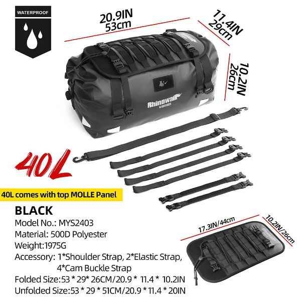 Rhinowalk Waterproof Motorcycle Roll-Top Duffel Gear Bag 40L Heavy Duty Dry Pack Tail Rear Luggage Magnetic Opening (MYS2403)