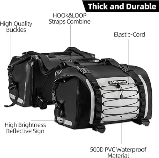 Rockbros Leather Saddle Bag Motorcycle Waterproof Side Bag For Motor Bike 60L Pannier Bag (Pair) AS-010BGR-Black Grey