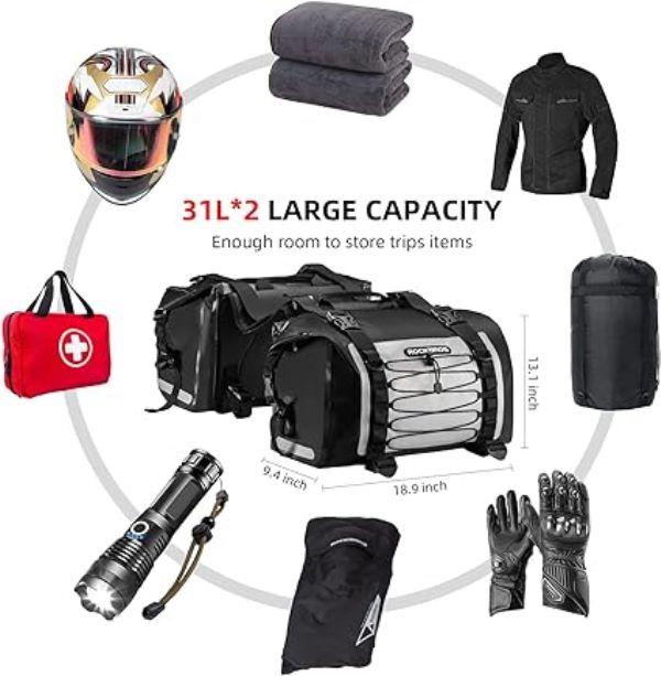 Rockbros Leather Saddle Bag Motorcycle Waterproof Side Bag For Motor Bike 60L Pannier Bag (Pair) AS-010BGR-Black Grey