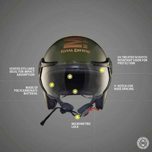 Royal Enfield Jet Open Face MLG Helmet With Clear Visor Green