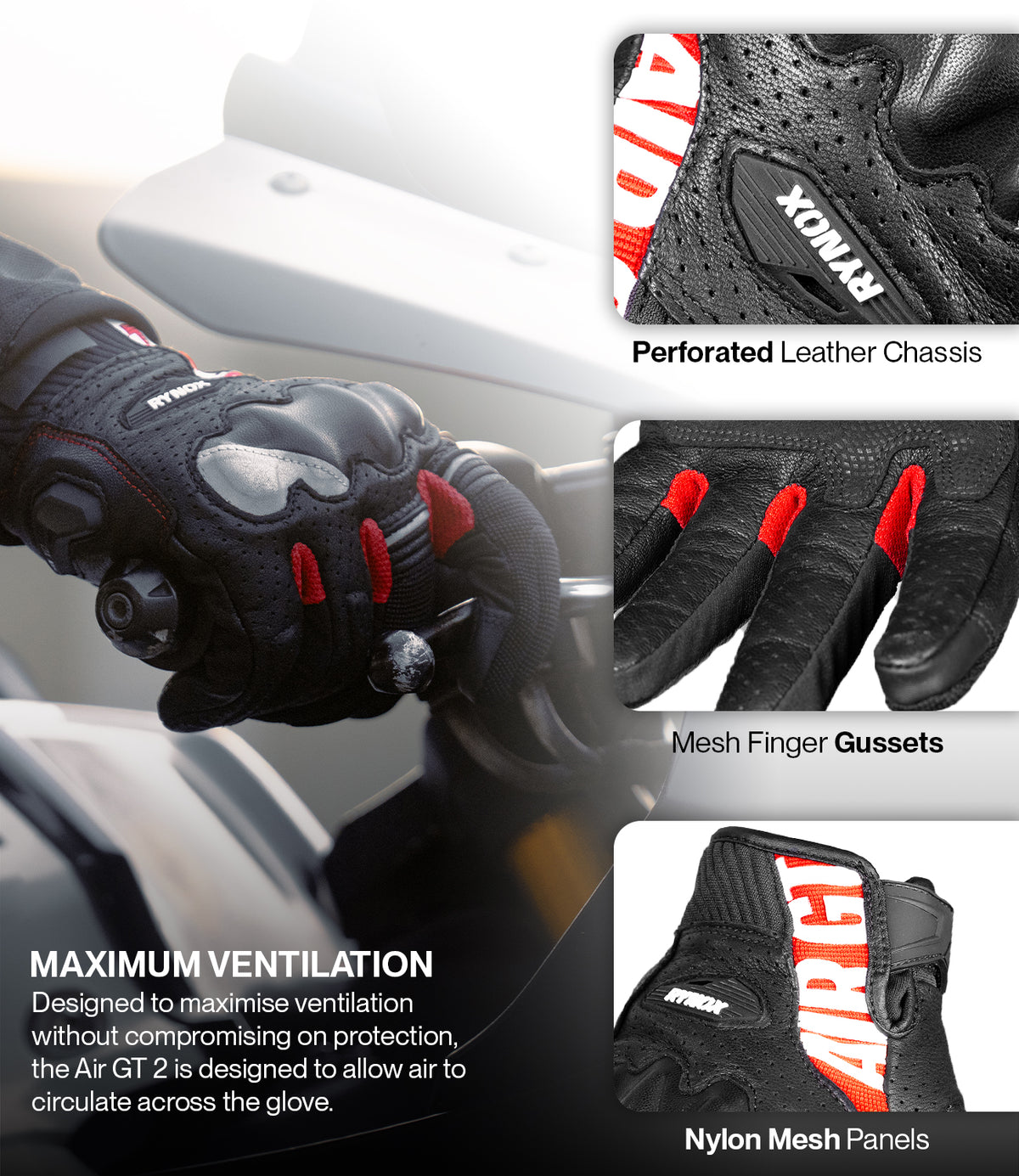 Rynox AIR GT 2 Riding Gloves - Black/Red