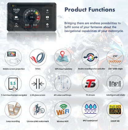 S2 Elite 5.5 inch Motorcycle Navigation Android Auto Carplay with GPS Camera and TPMS - Universal